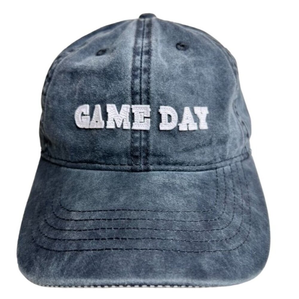 "Game Day" Stone Wash Gray Denim Embroidered Baseball Cap Striped Bill Underside